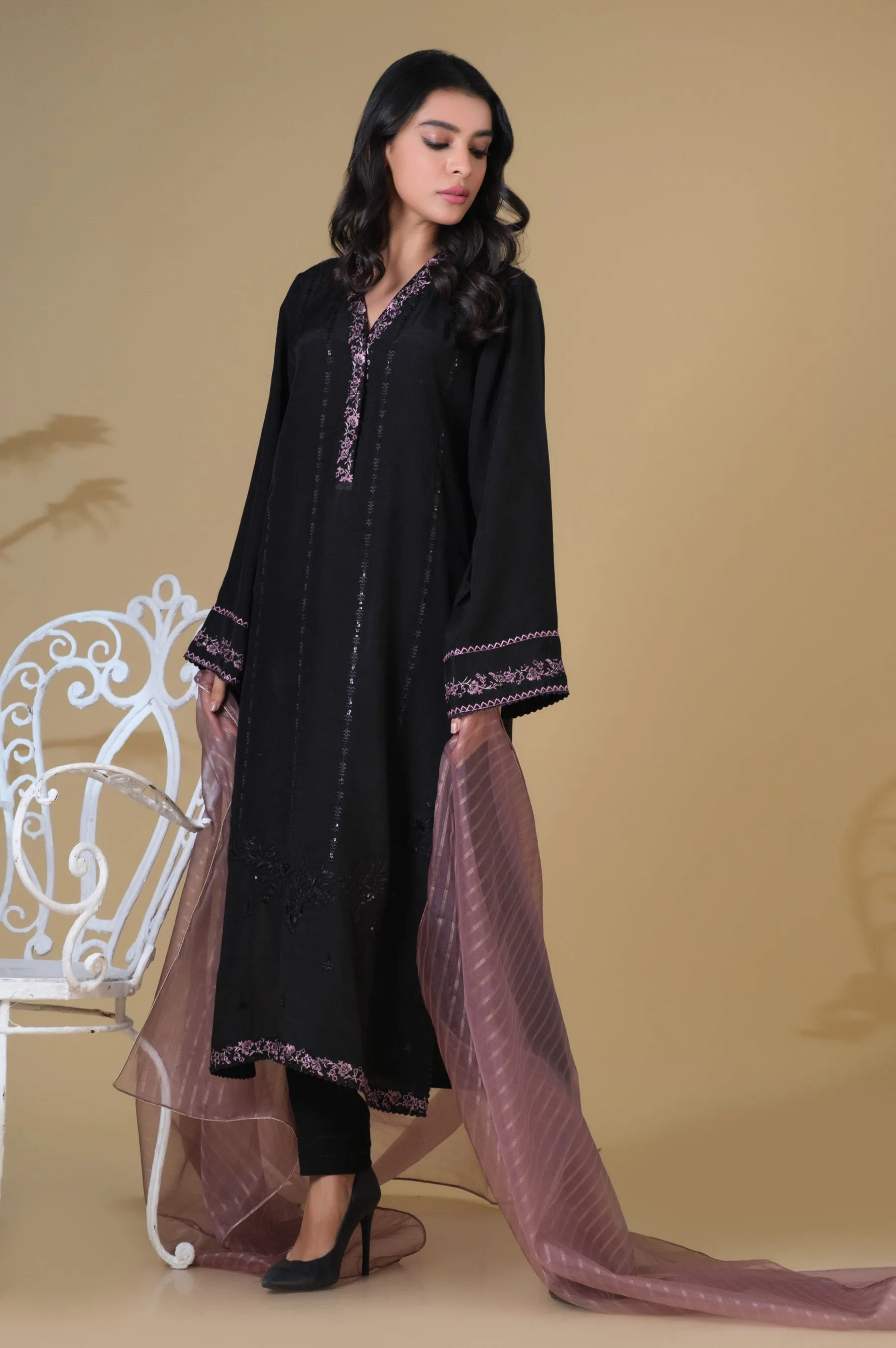 Stitched 3 Piece Raw Silk Embroidered Suit