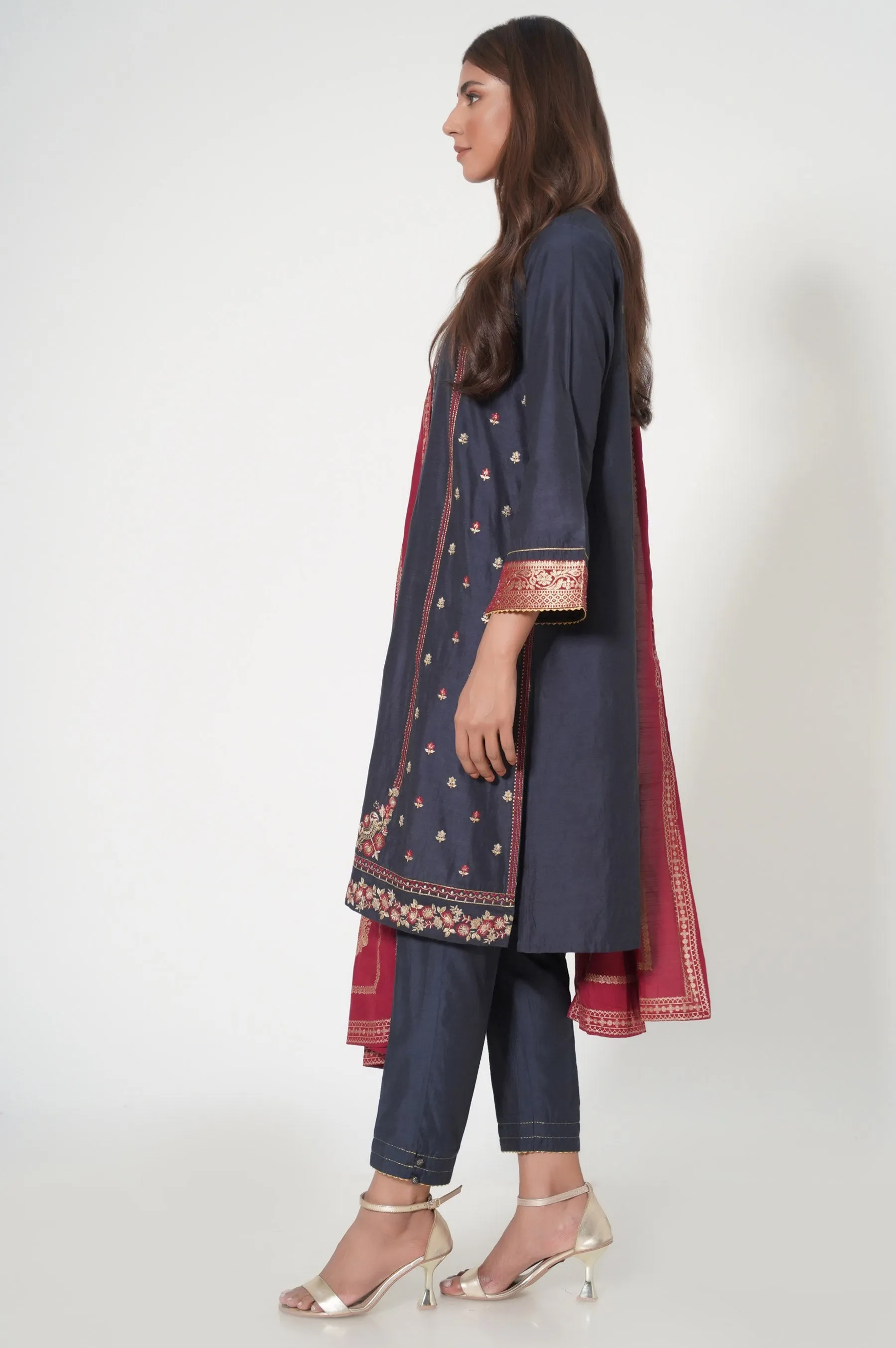 Stitched 3 Piece Raw Silk Embroidered Suit