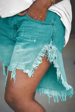 Stylish Gradient Fringed Hem Denim Shorts