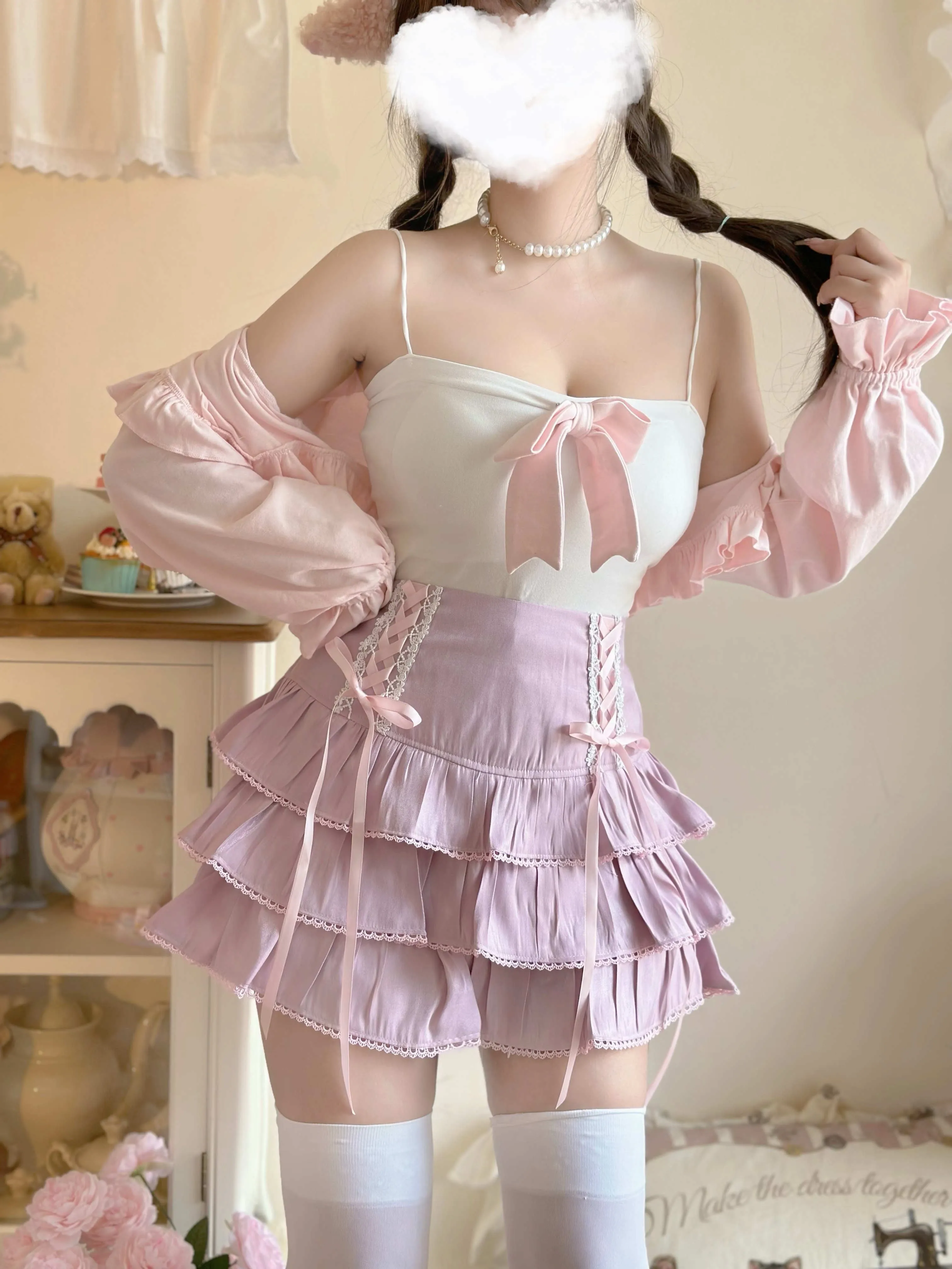 Sweet Colorful Pastel Doll Ruffled Bow Cake Layered Mini Skirt