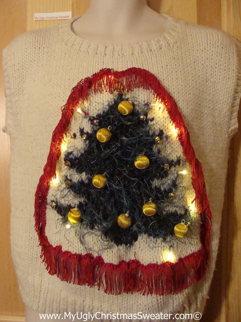 Tacky Ugly Christmas Sweater Furry Tree 3D Ornaments with Lights and Fringe (g99)