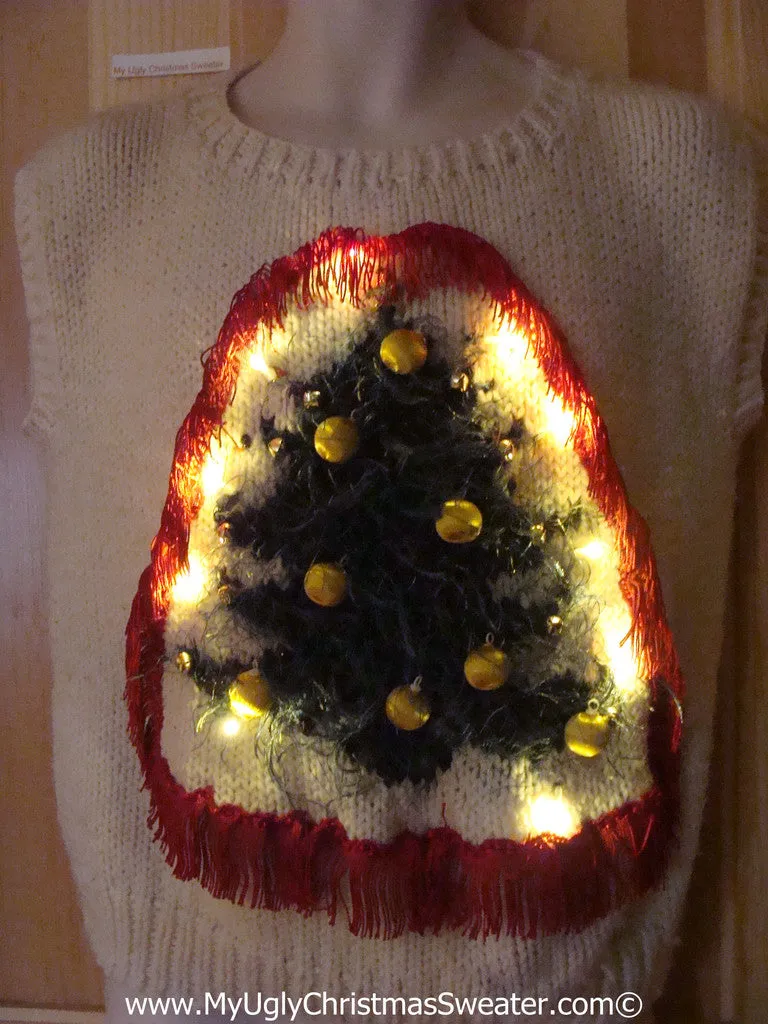 Tacky Ugly Christmas Sweater Furry Tree 3D Ornaments with Lights and Fringe (g99)