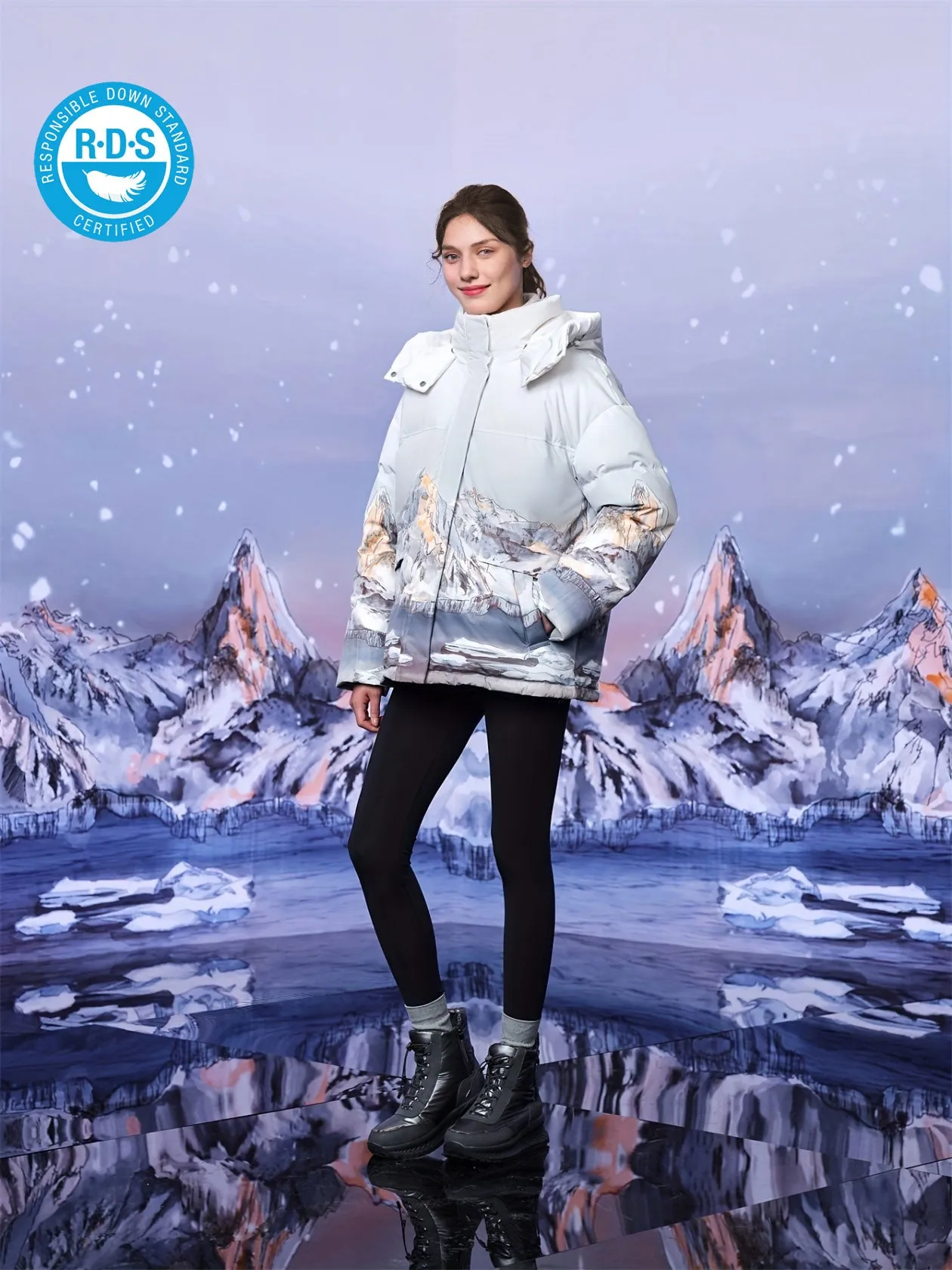 TANBOER Short  Women Thickened Hooded Puffer Coat with Printing