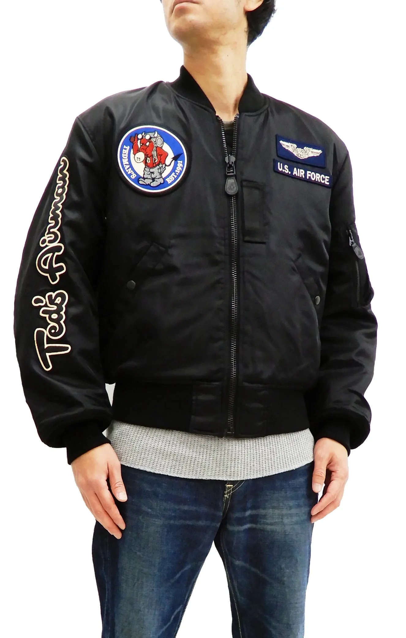 Tedman MA-1 Flight Jacket Men's Custom MA1 Bomber with Patches Printed TMA-550 Black