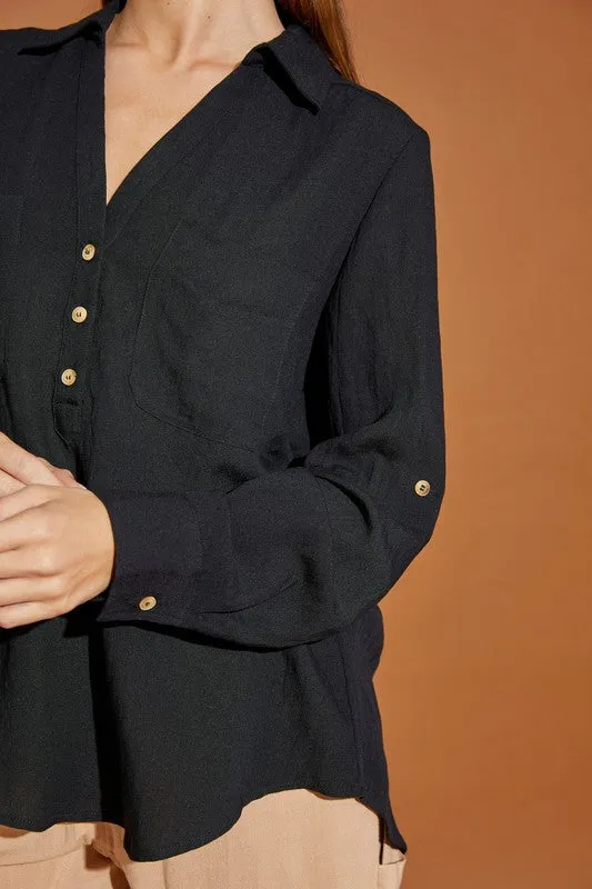 TEEK - Black V-Neck Button Down Henley Shirt