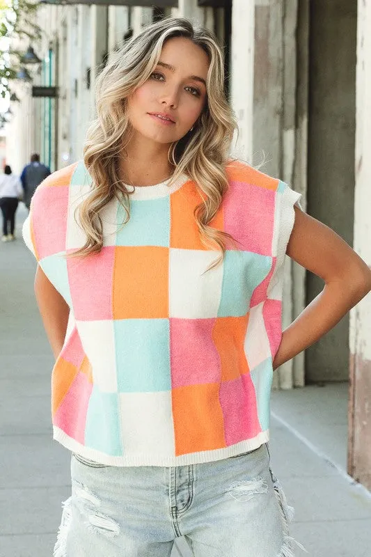 TEEK - Orange/Pink/Blue Checkered Sweater Vest