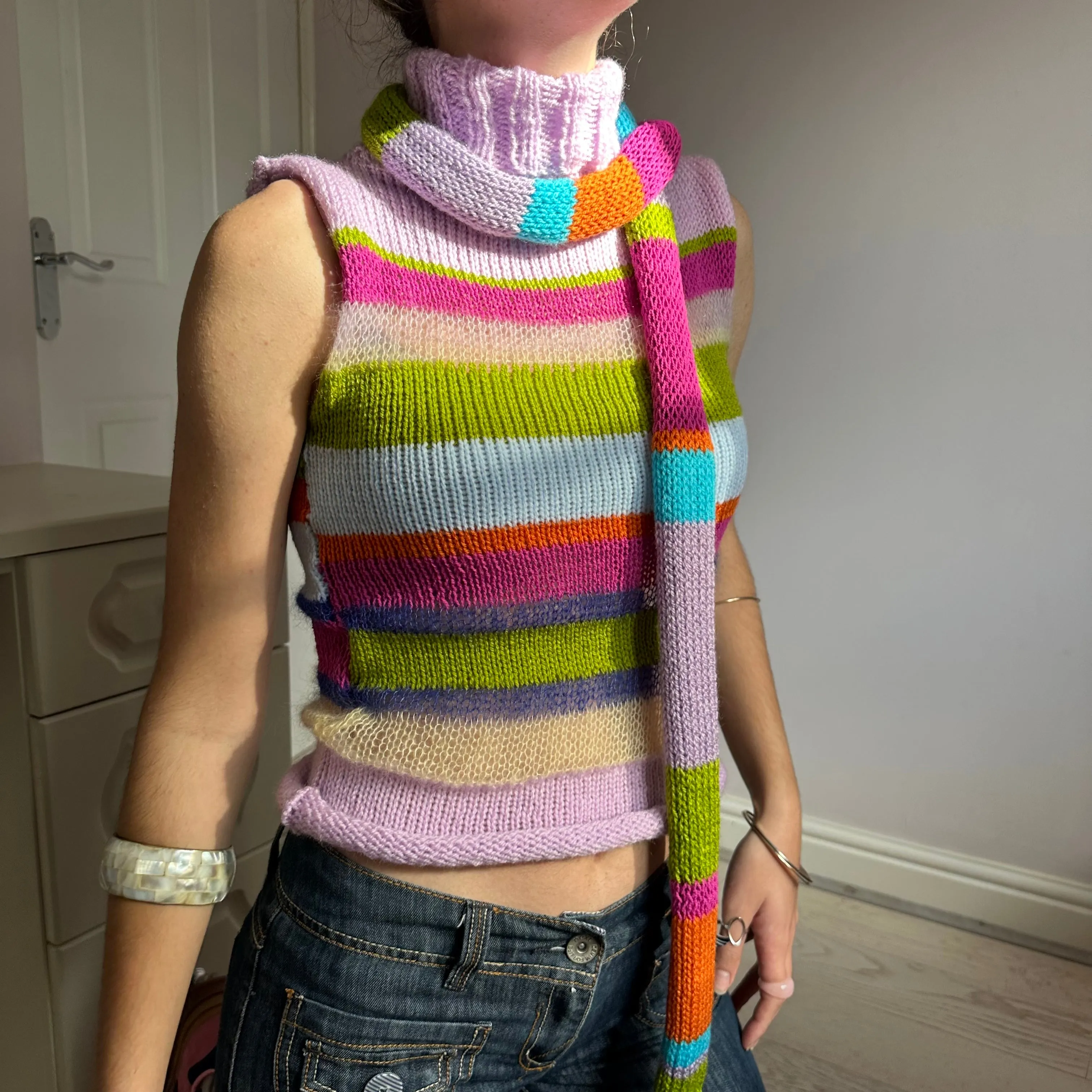 The Mariposa Scarf- handmade knitted multicoloured skinny scarf