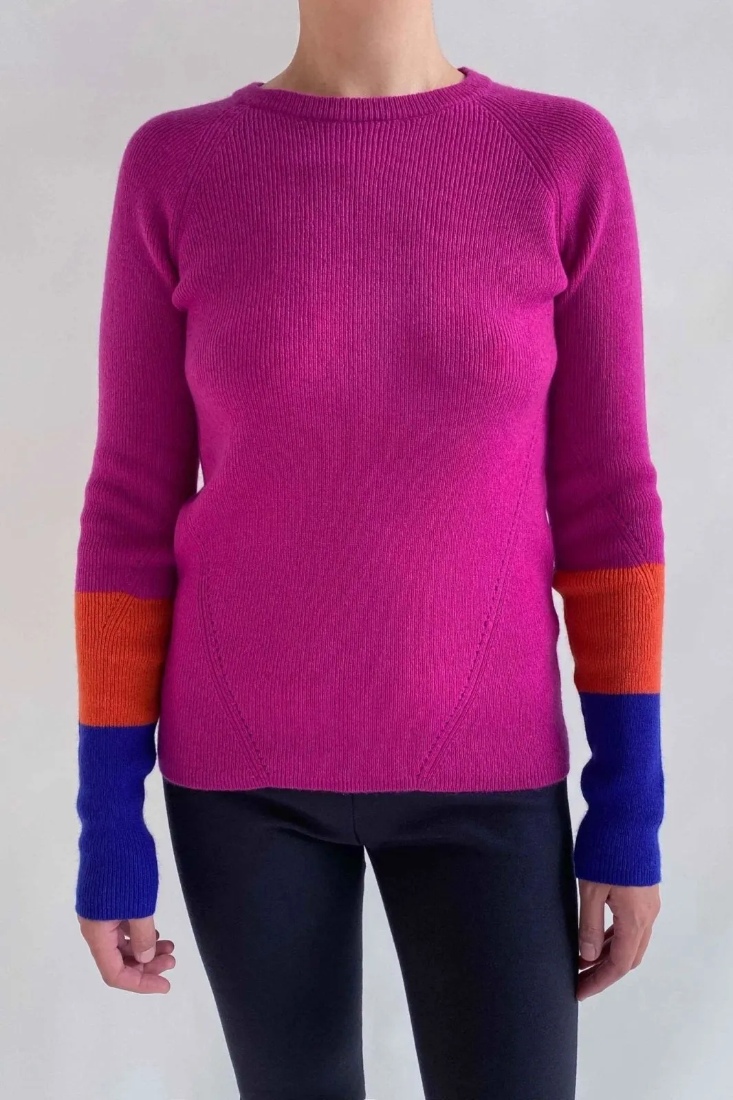 Thick colour block cashmere jumper in hot fuchsia pink