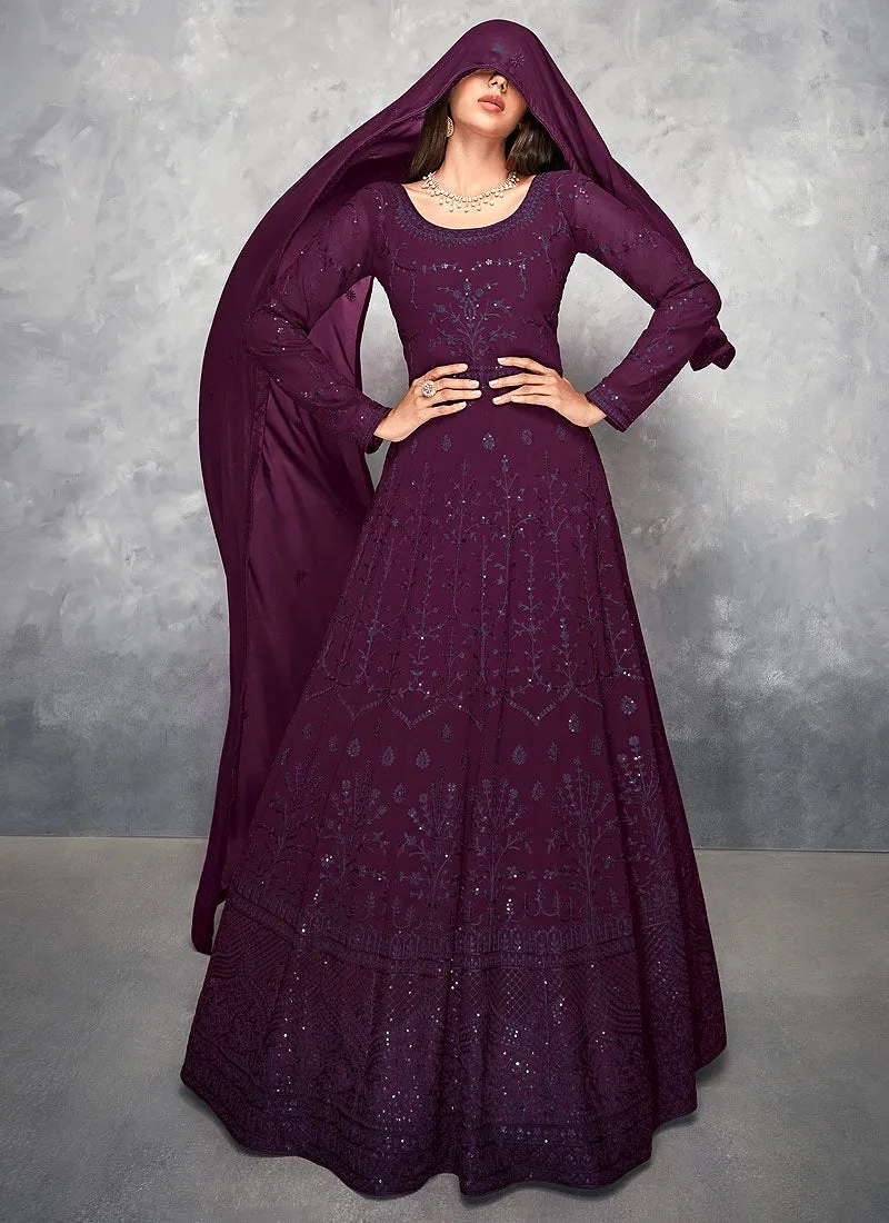 Thread Embroidered Purple Georgette Anarkali Suit