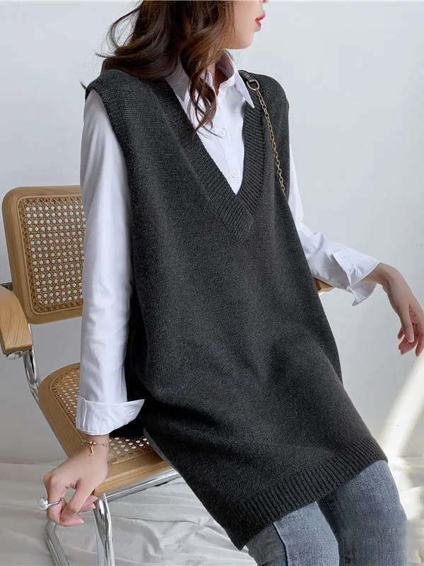 Trendy Sleeveless Split-Side Solid Color V-Neck Knitted Vest