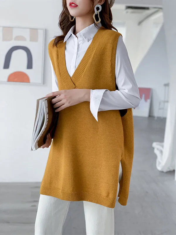 Trendy Sleeveless Split-Side Solid Color V-Neck Knitted Vest