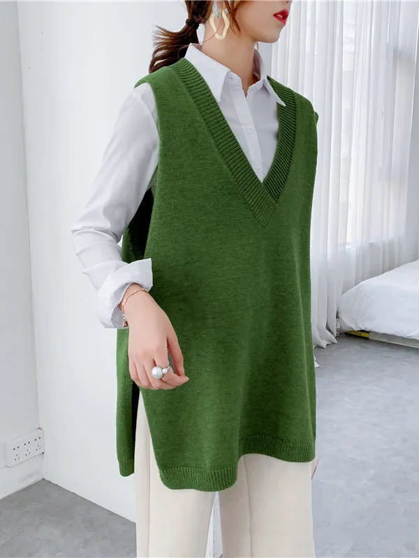 Trendy Sleeveless Split-Side Solid Color V-Neck Knitted Vest