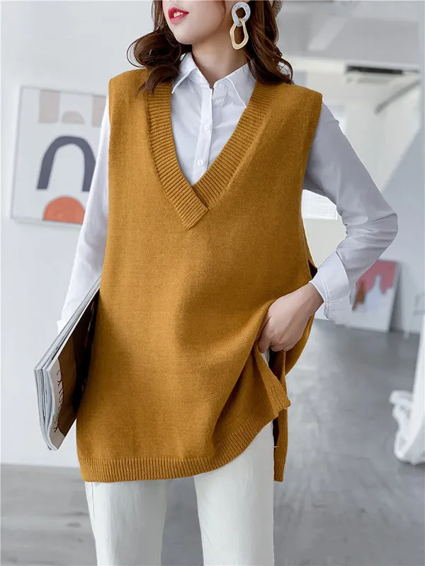 Trendy Sleeveless Split-Side Solid Color V-Neck Knitted Vest