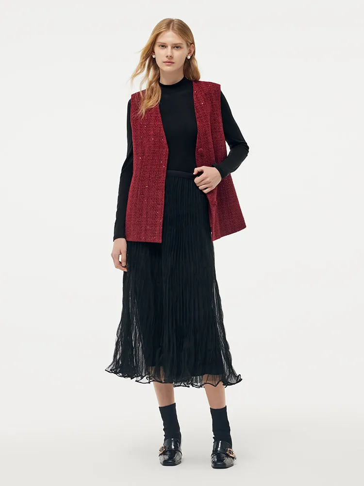 Tweed Vest And Midi Skirt And Knit Top Three-Piece Set With Belt