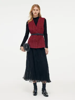 Tweed Vest And Midi Skirt And Knit Top Three-Piece Set With Belt