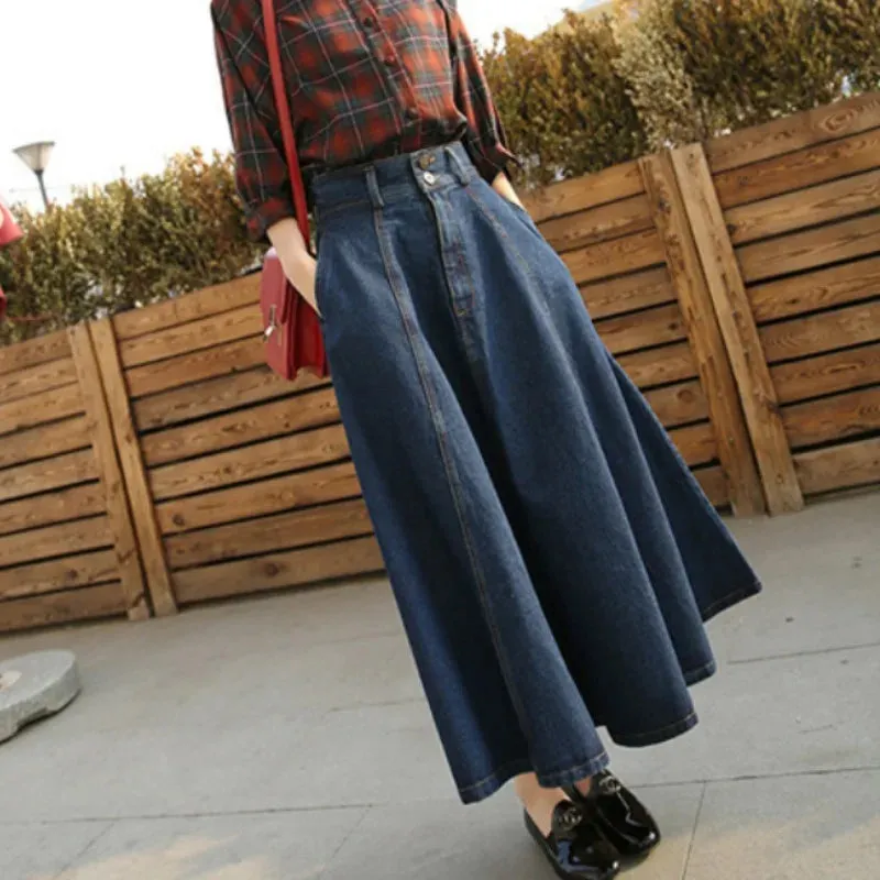 Vintage Denim Long Skirts High Waist Midi Skirt Loose A-Line Skirt