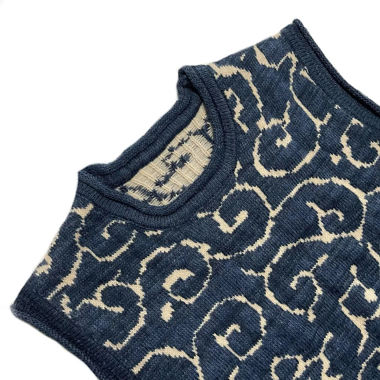 Vintage Knitted Sweater with Japanese Ancient Sleeveless Vest - Tang Blue