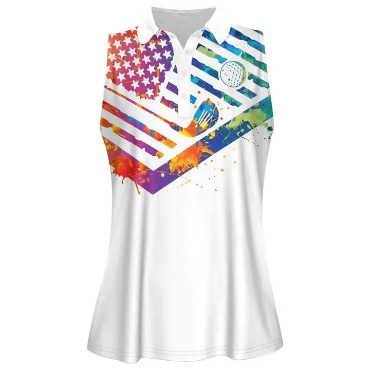 Watercolor America Flag Swing Swear Repeat Women Short Sleeve Polo Shirt Sleeveless Polo Shirt Sport Culottes With Pocket