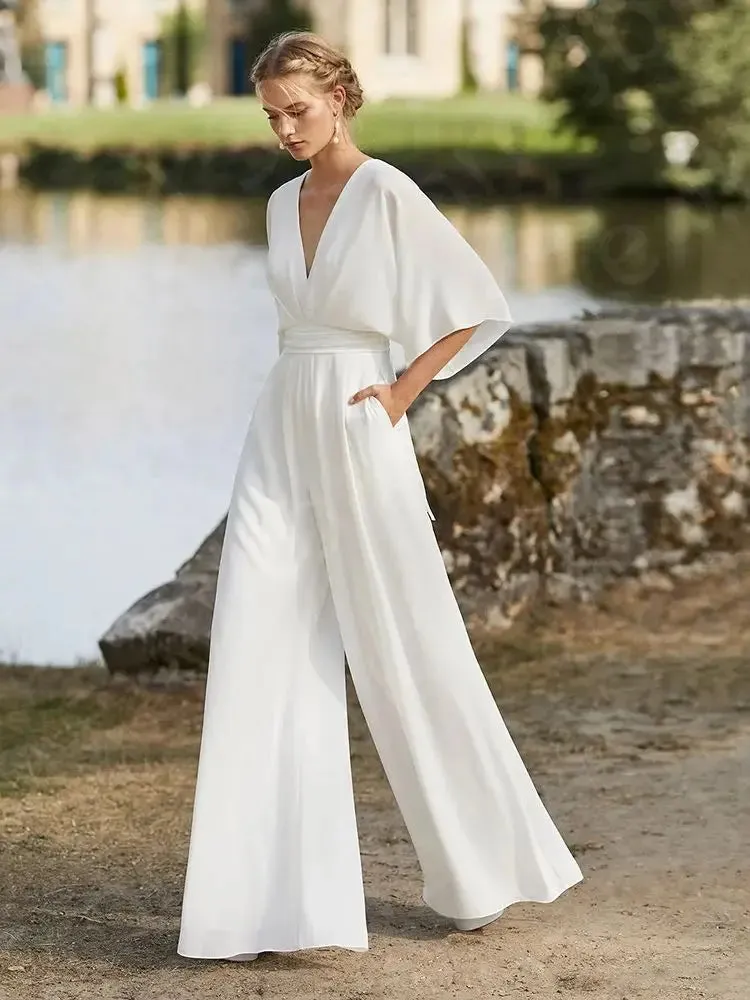 White V-Neck Jumpsuit Wedding Dress Boho Bridal Pantsuit for Beach Weddings