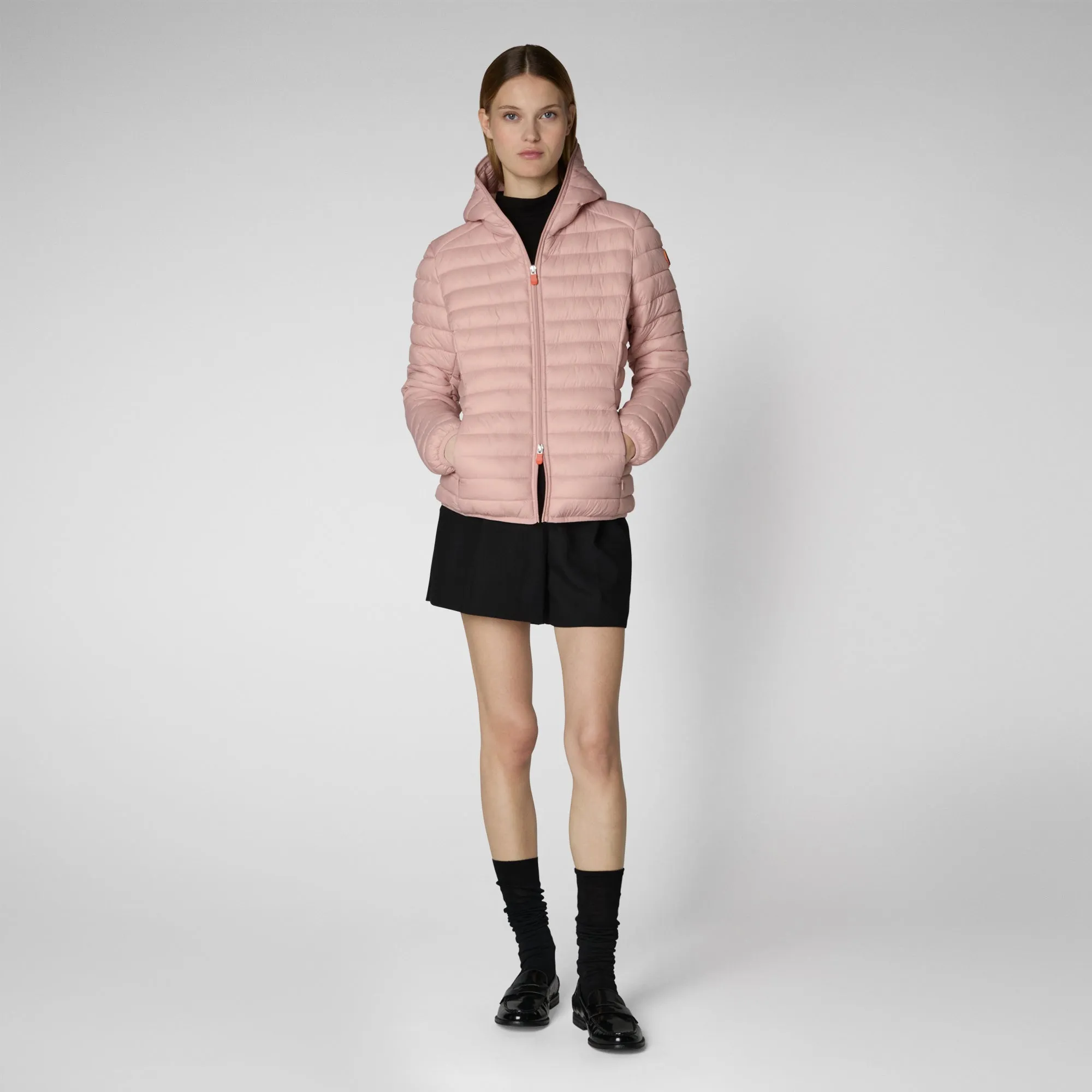 Woman's animal free hooded puffer jacket Daisy in blush pink