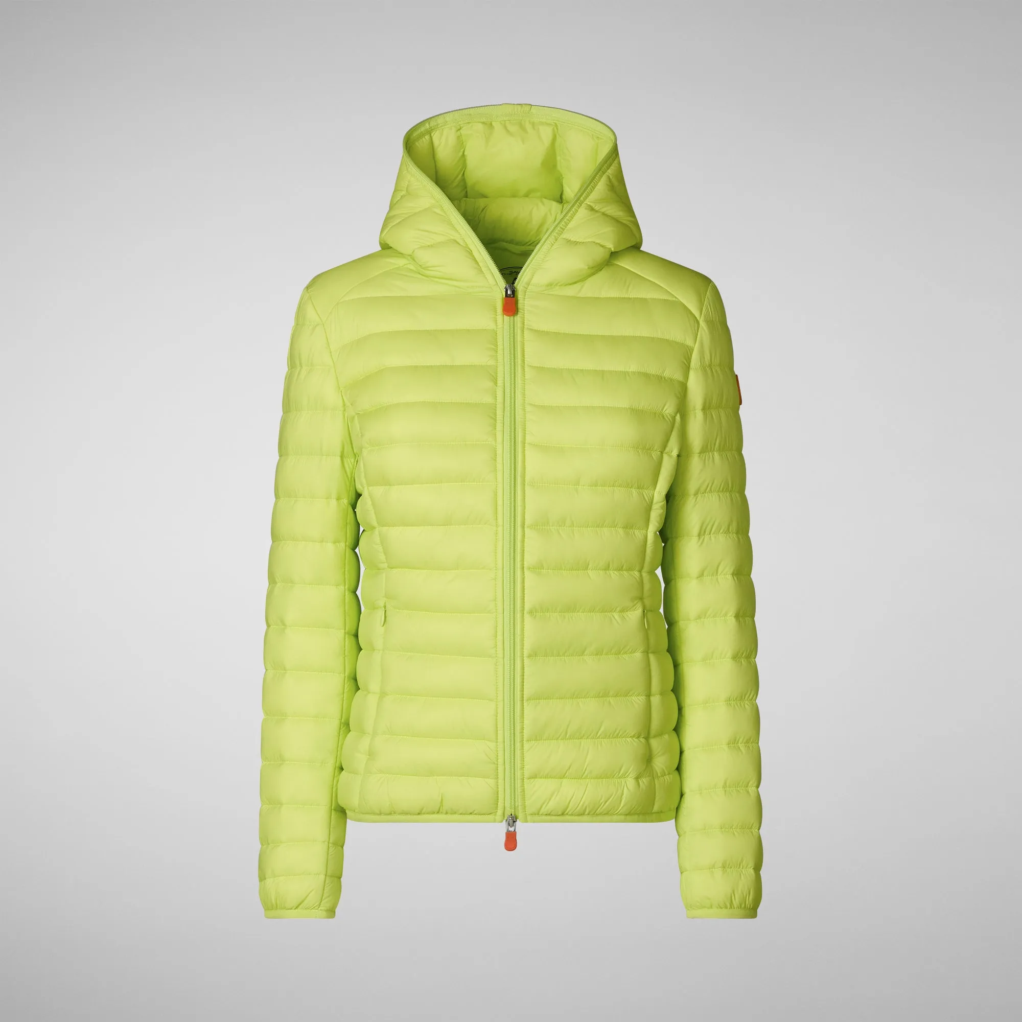 Woman's animal free hooded puffer jacket Daisy in lichen green