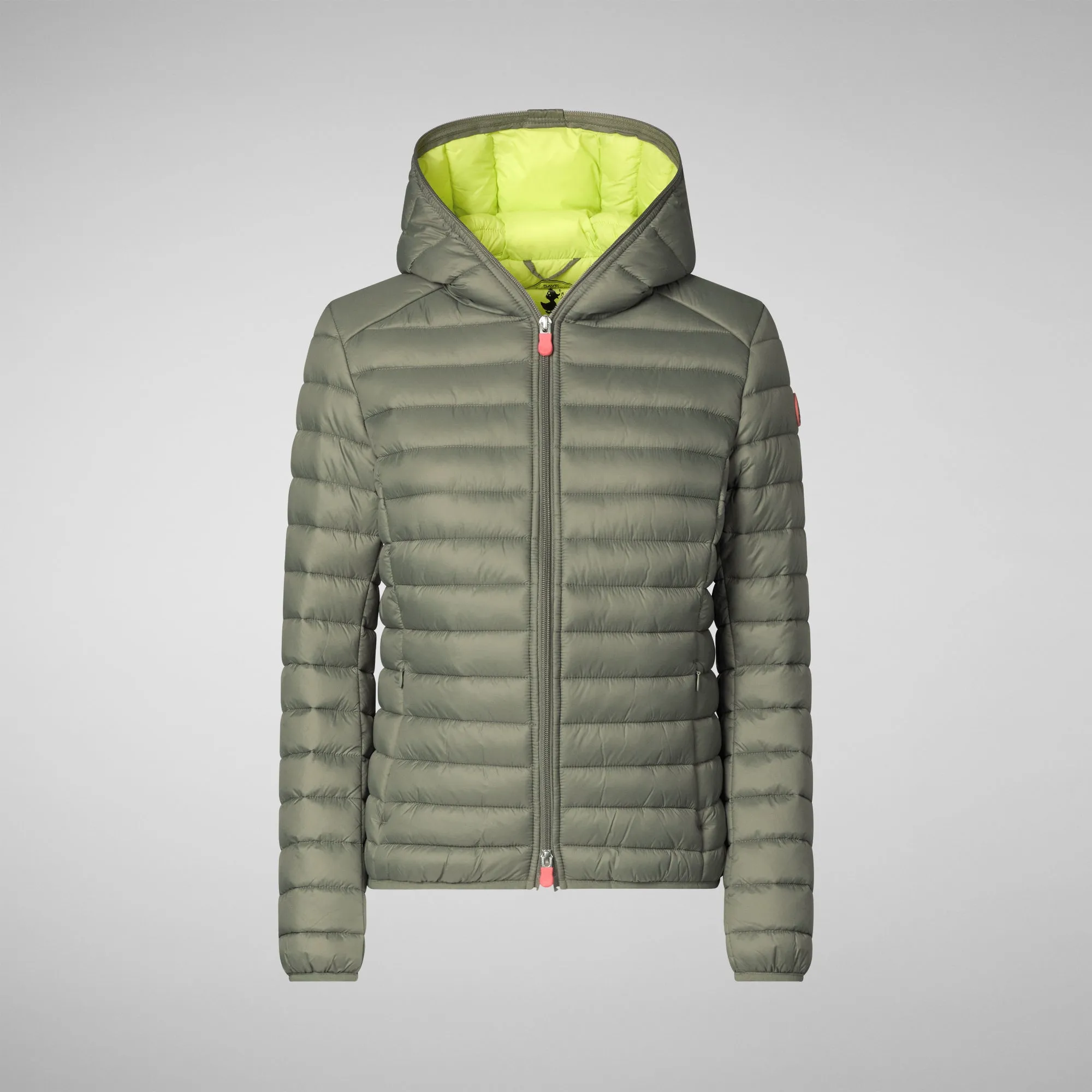 Woman's animal free hooded puffer jacket Daisy in swamp green