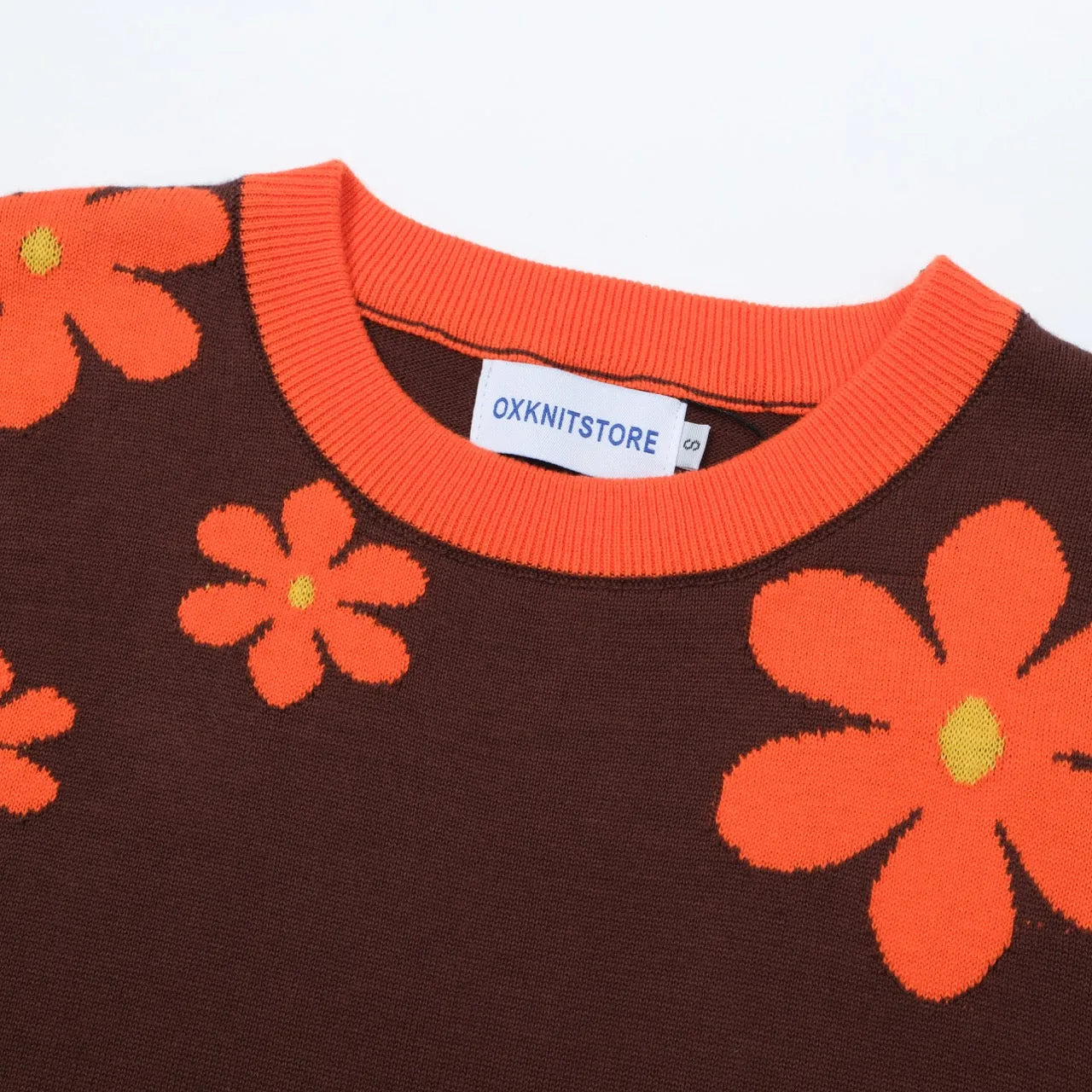 Women Orange Flowers Short Sleeves Brown Knitwear