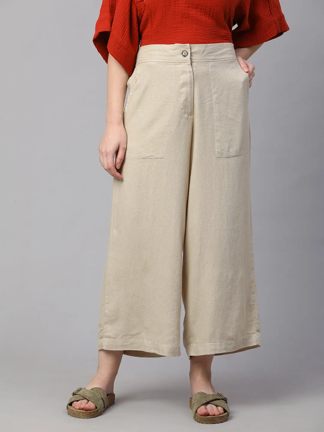 Women's Beige Linen Viscose Wide Leg Culotte