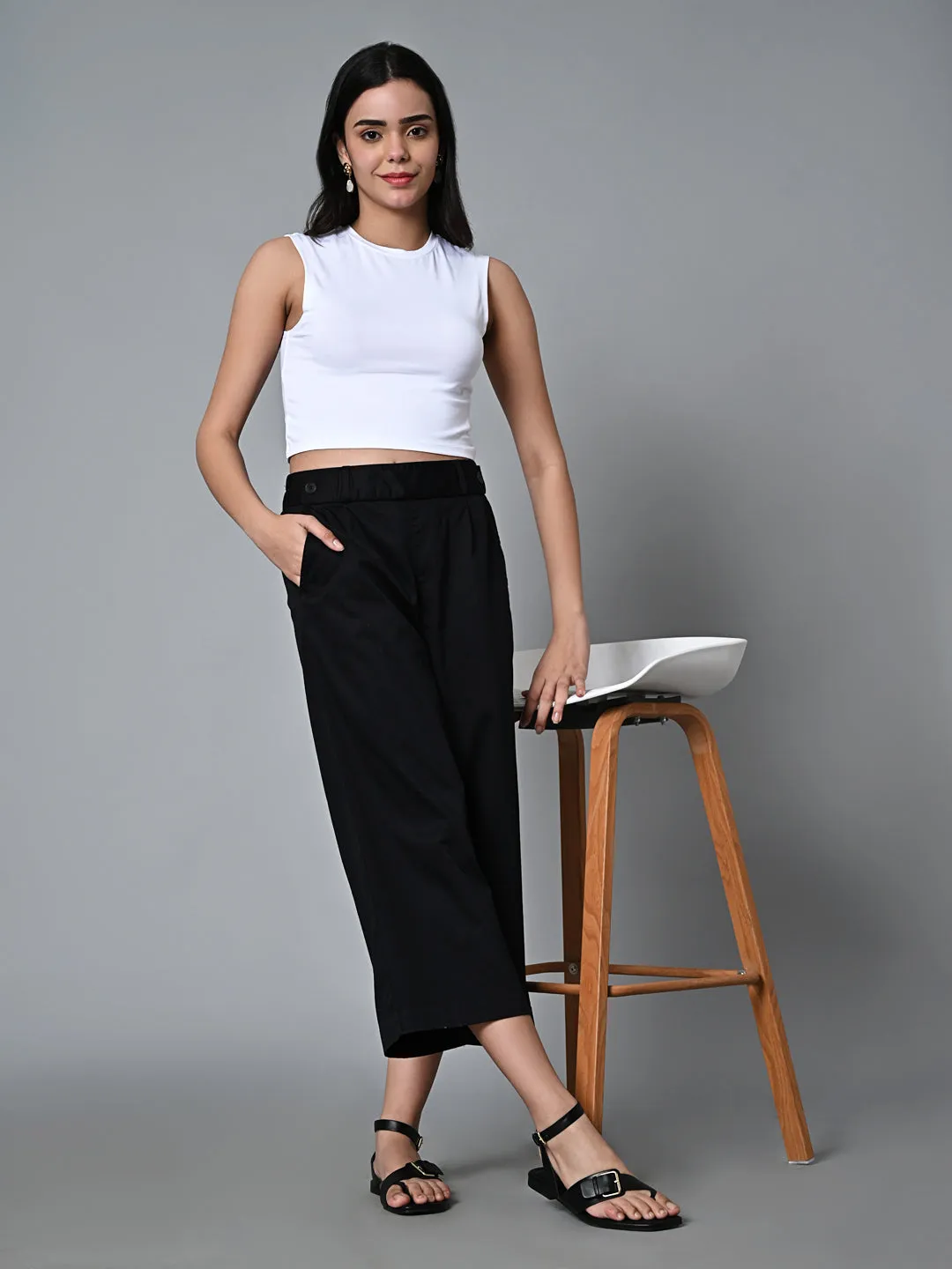 Women's Black Cotton Elastane Regular Fit Culotte