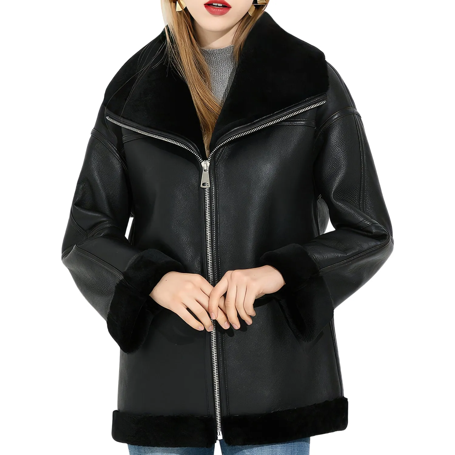 Women’s Black Genuine Sheepskin Sherpa Shearling Faux Fur Lined Winter Warm Eco-Fur Fashionable Aviator Pilot Leather Jacket