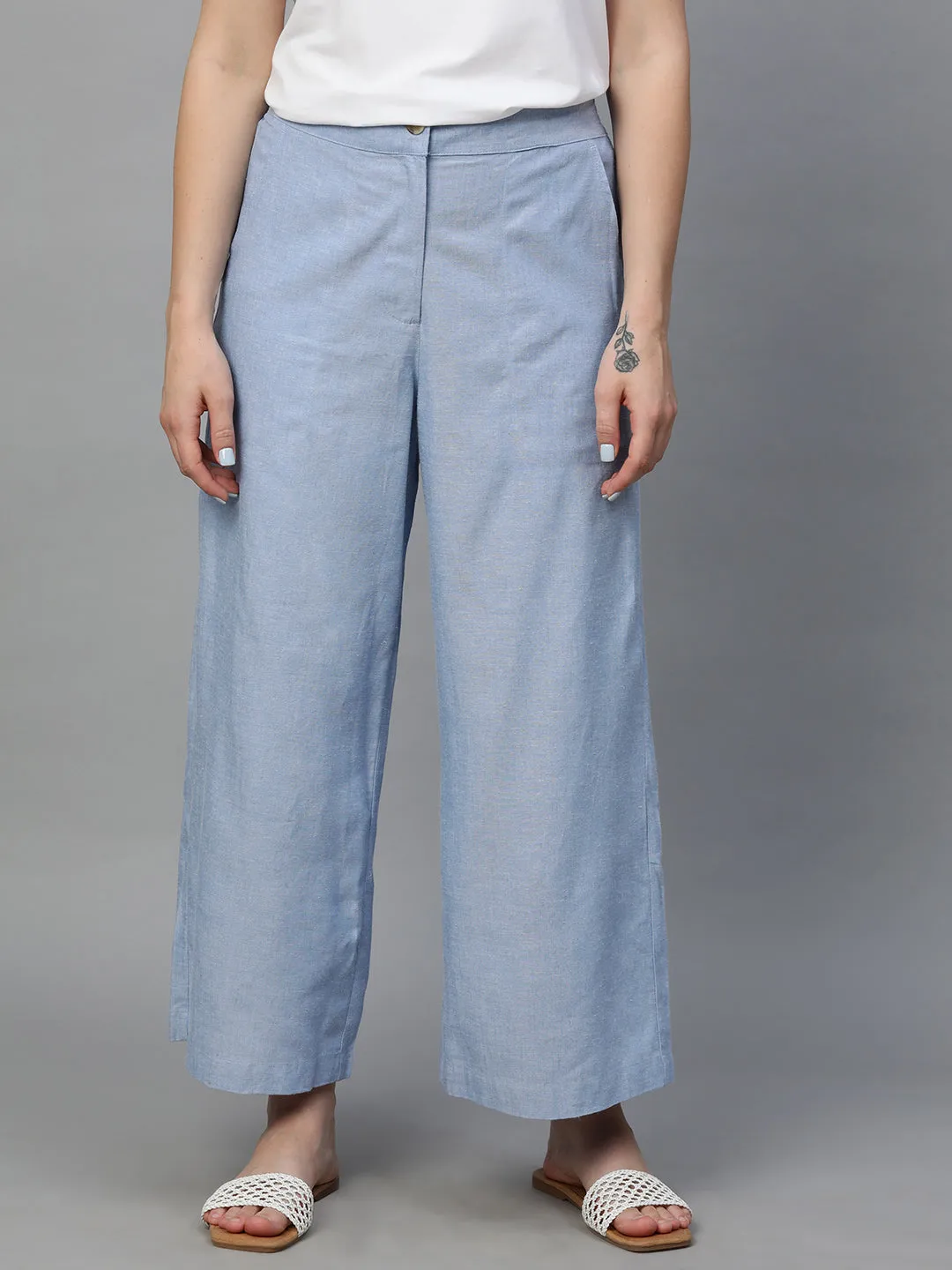 Women's Blue Viscose Linen Regular Fit Culotte