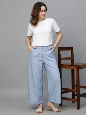 Women's Blue Viscose Linen Regular Fit Culotte