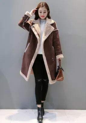 Women’s Brown Genuine Suede Sherpa Shearling Faux Fur Lined Winter Warm Thick Double Breasted Long Leather Coat