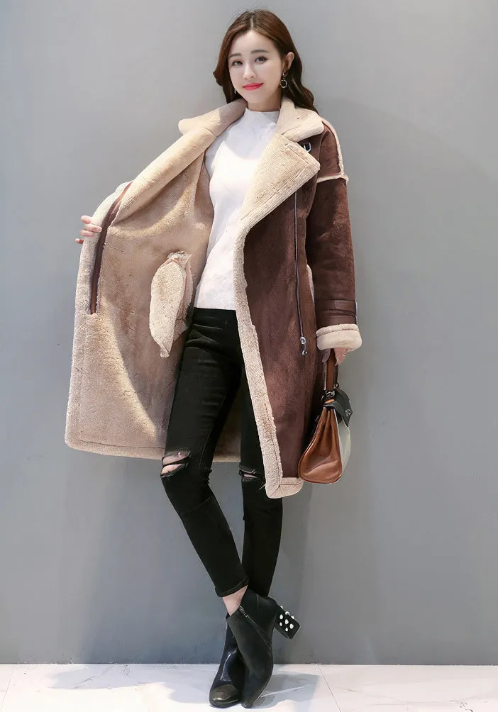 Women’s Brown Genuine Suede Sherpa Shearling Faux Fur Lined Winter Warm Thick Double Breasted Long Leather Coat