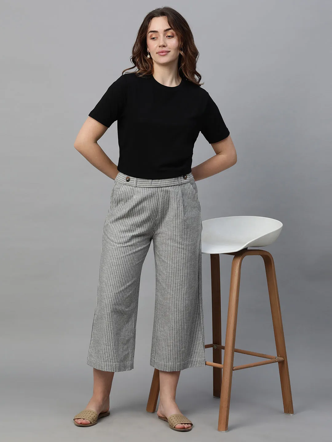 Women's Grey Cotton Linen Regular Fit Culotte