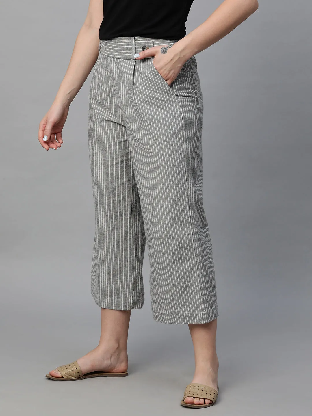 Women's Grey Cotton Linen Regular Fit Culotte