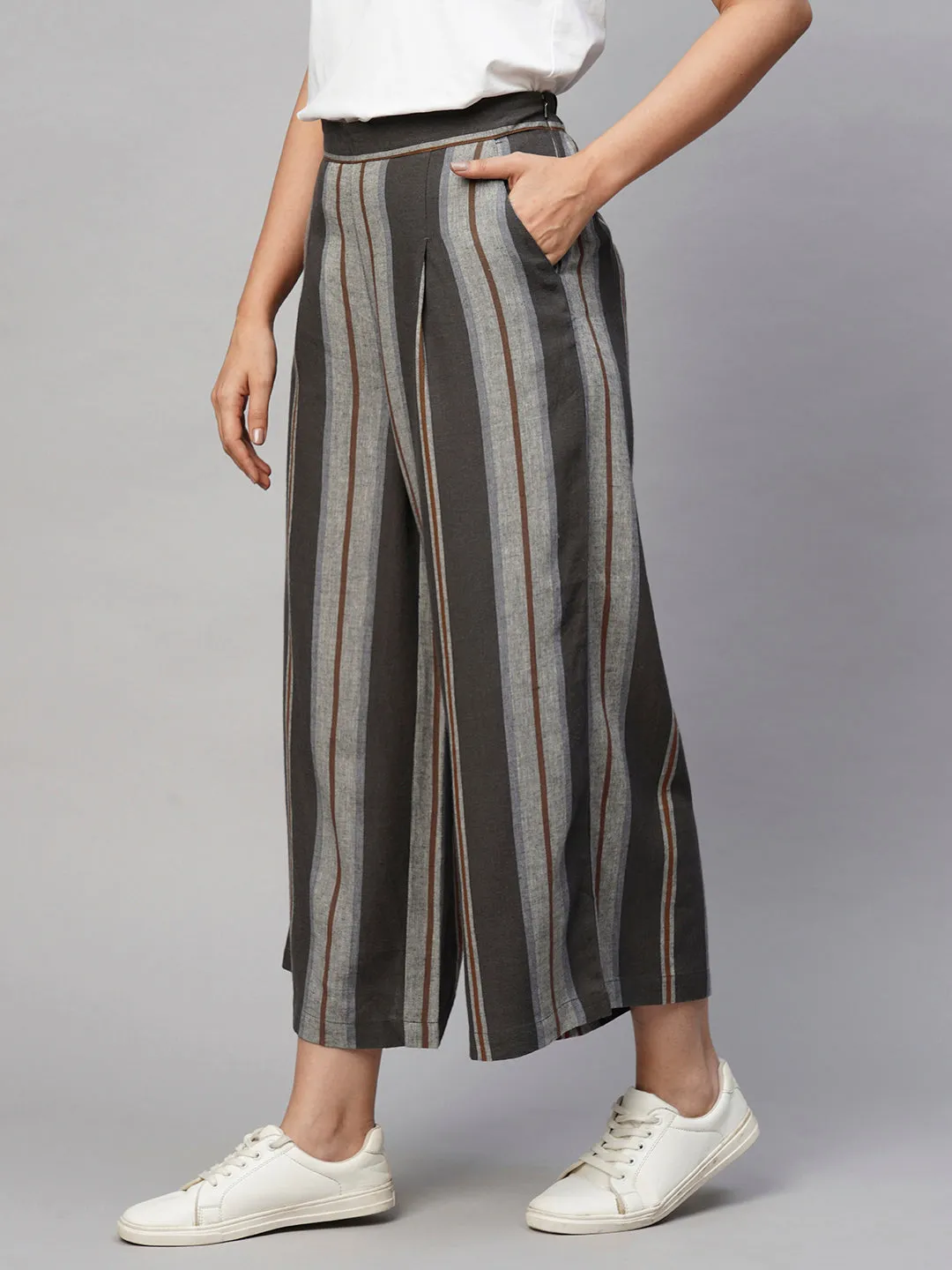 Women's Grey Viscose Linen Regular Fit Culotte