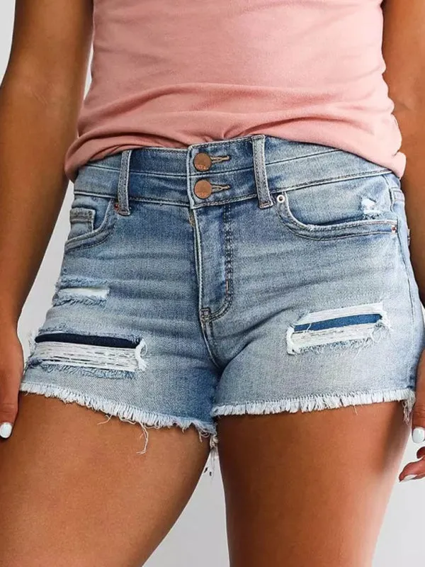 Women's High Waist Two Button Fashion Ripped Denim Shorts