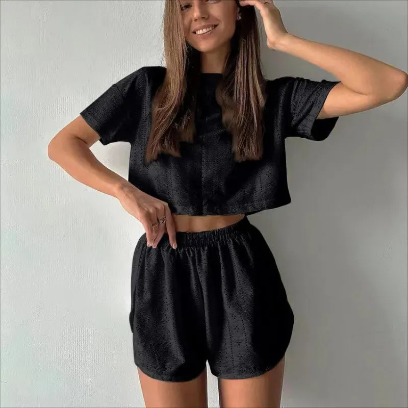 Women's Hollow-out Cropped T-Shirt and Shorts Two-piece Pajamas Set