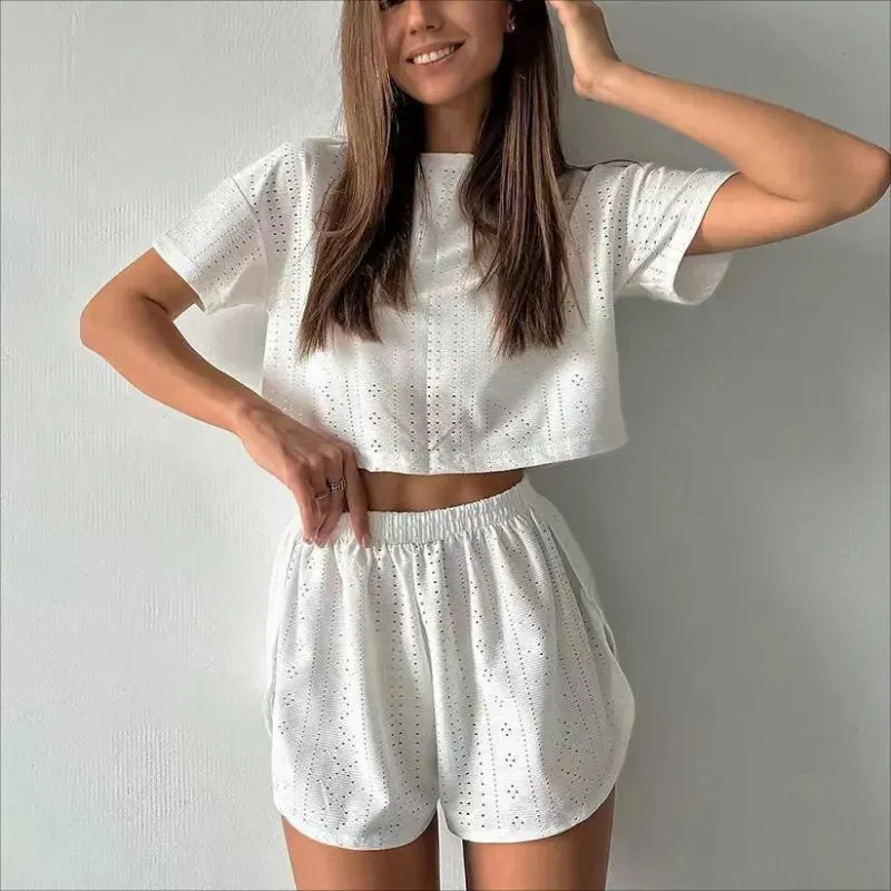 Women's Hollow-out Cropped T-Shirt and Shorts Two-piece Pajamas Set