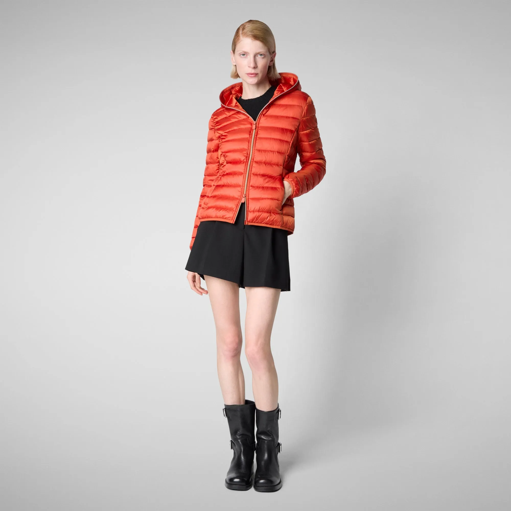 Women's Hooded Animal free Puffer Jacket Alexis in Maple Orange