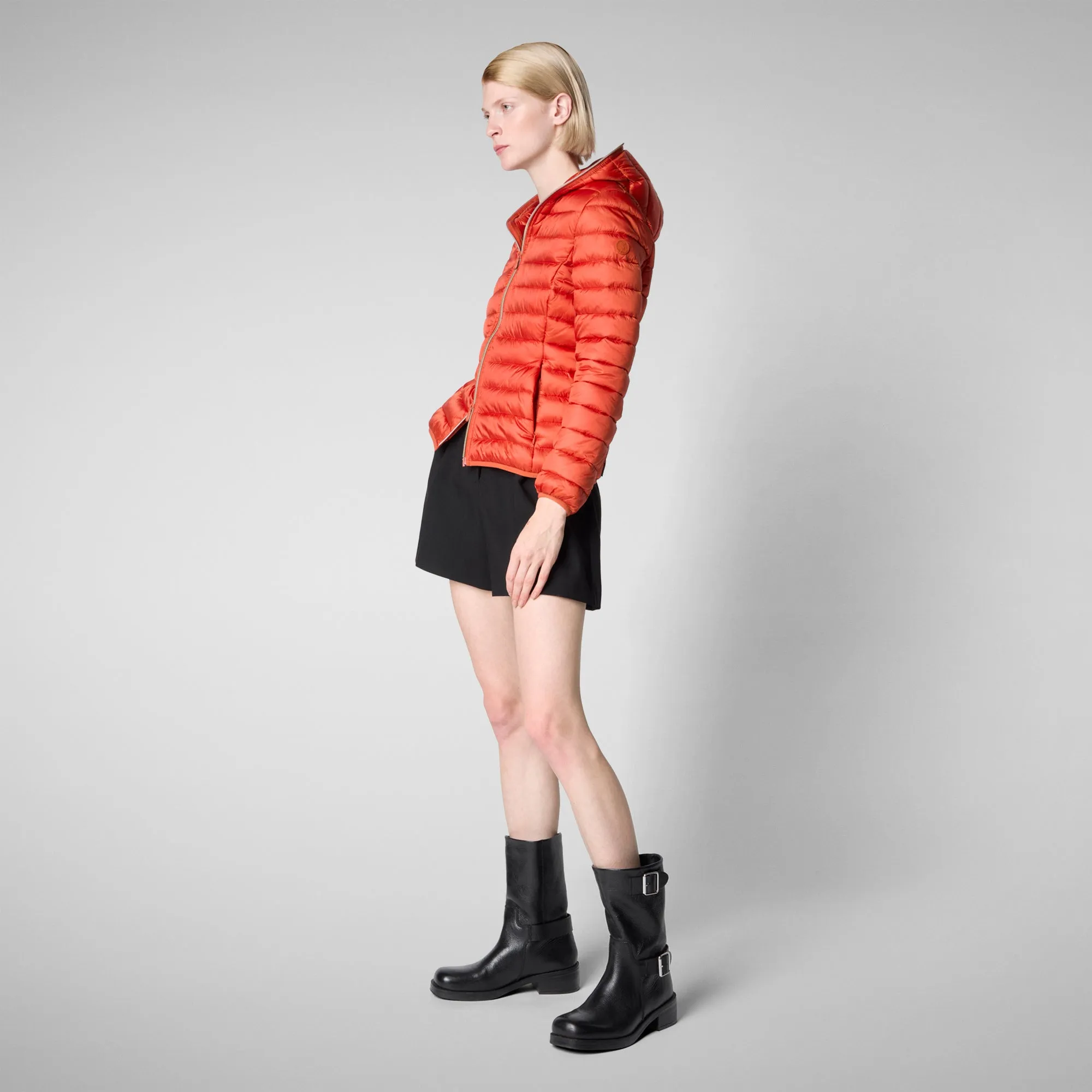 Women's Hooded Animal free Puffer Jacket Alexis in Maple Orange