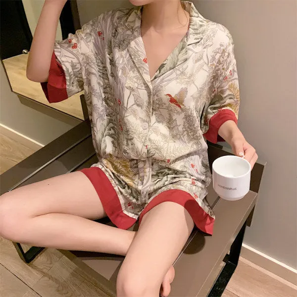 Women's Ice Silk Short Sleeved Shirt and Shorts Lapel Bird Pajamas Set