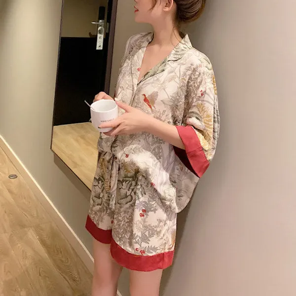 Women's Ice Silk Short Sleeved Shirt and Shorts Lapel Bird Pajamas Set