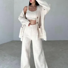 Women's Knit Pattern Sweater, Cardigan Vest and Pants Three Piece Outfit Set