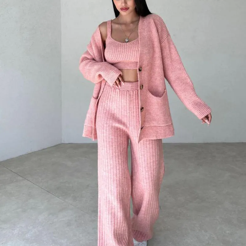 Women's Knit Pattern Sweater, Cardigan Vest and Pants Three Piece Outfit Set