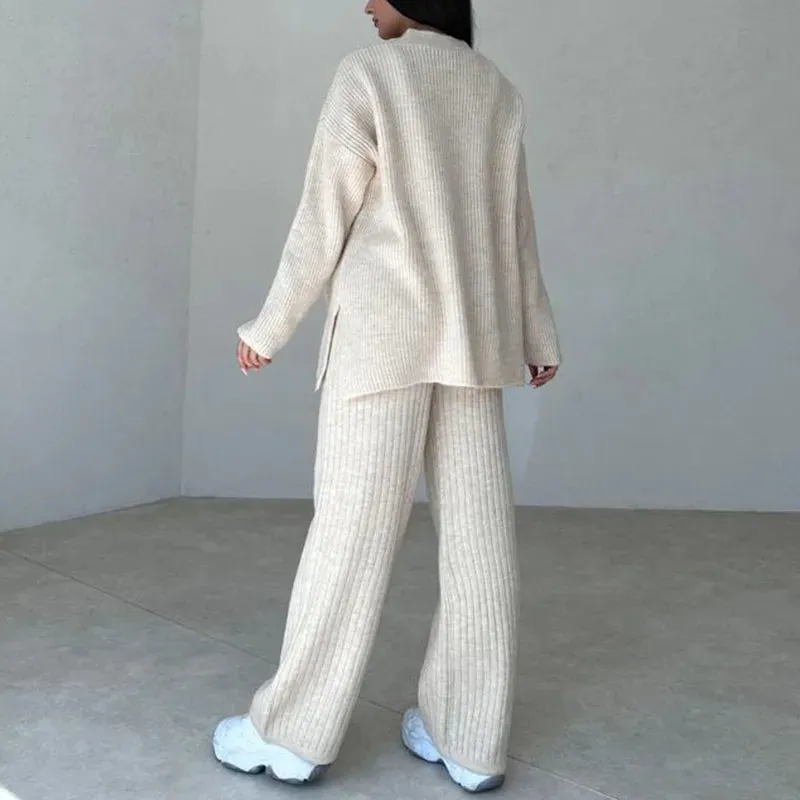 Women's Knit Pattern Sweater, Cardigan Vest and Pants Three Piece Outfit Set