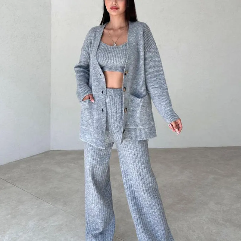 Women's Knit Pattern Sweater, Cardigan Vest and Pants Three Piece Outfit Set