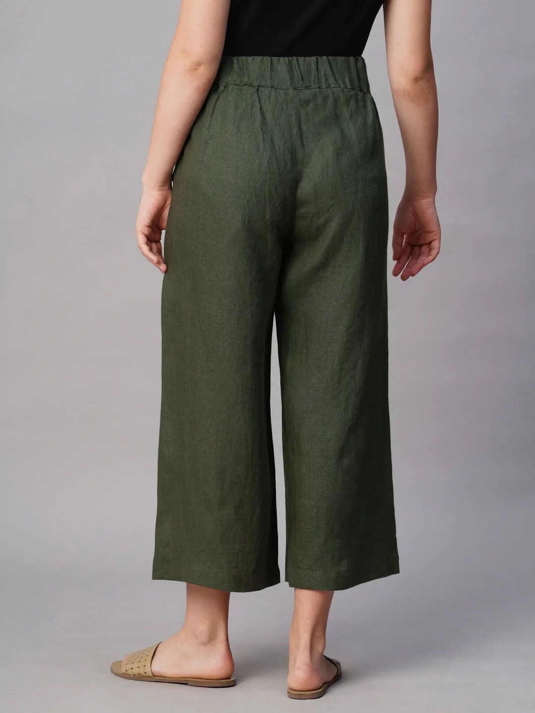 Women's Olive Linen Regular Fit Culotte