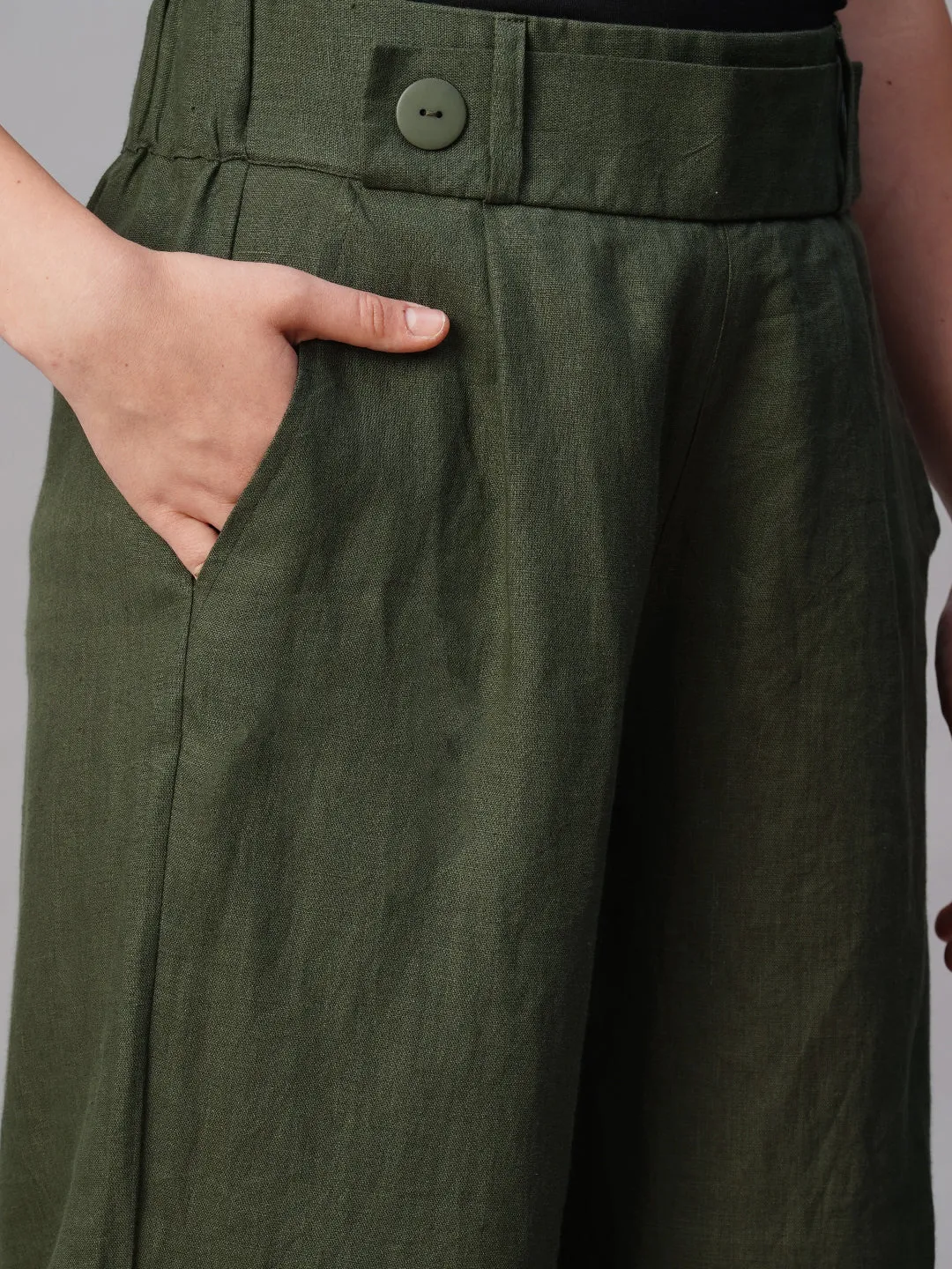 Women's Olive Linen Regular Fit Culotte